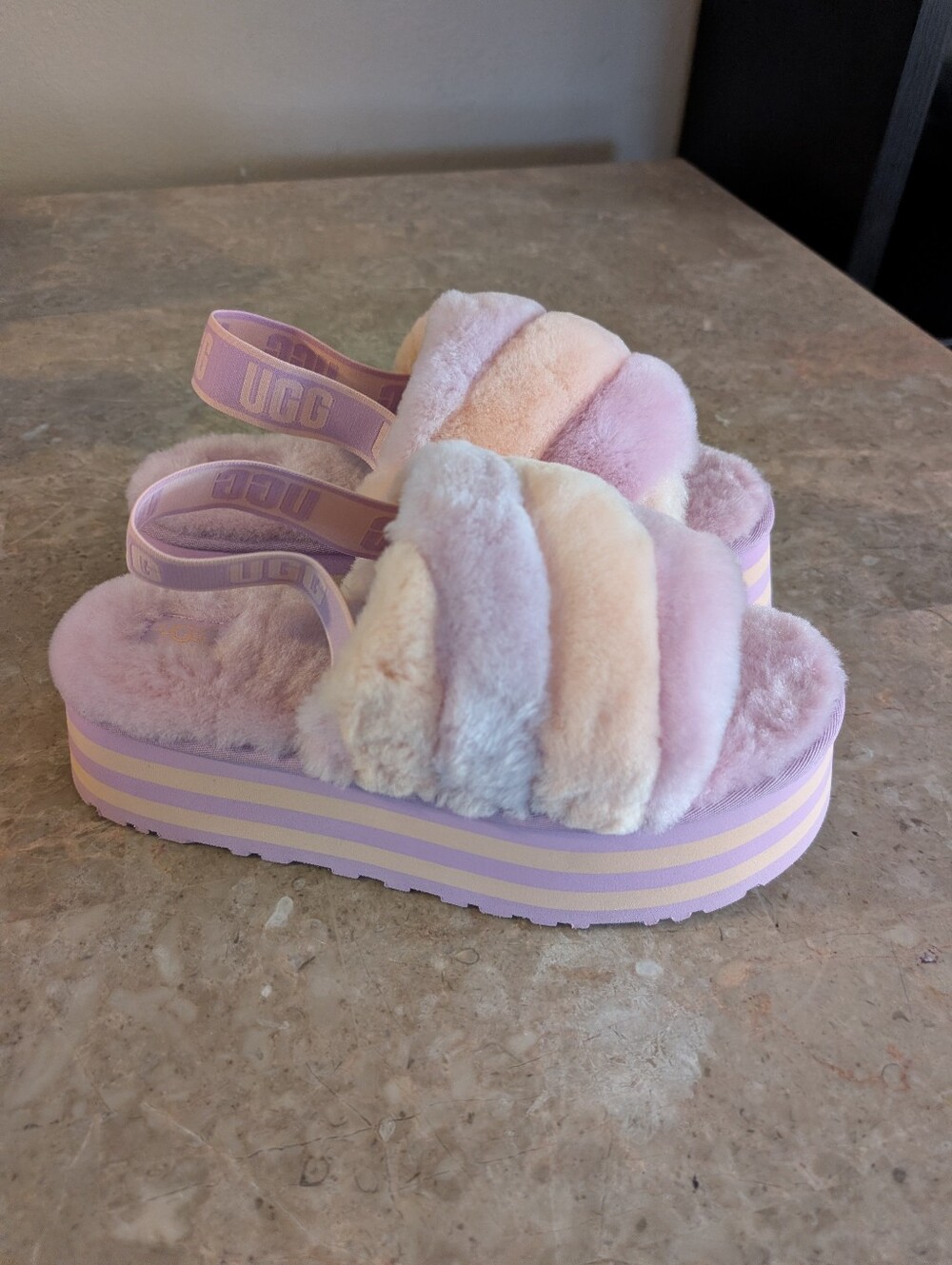 UGG Disco Stripe Combo Fluff Primrose Pink Slide Sandals Slippers Women  Size 11